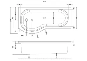 P Shape Left Hand Shower Bath Tub with Leg Set, 1700mm - Reversible, Modern Design