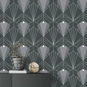 Isadora Grey Silver Art Deco Retro Wallpaper Debona Paste The Wall Glitter Textured Vinyl