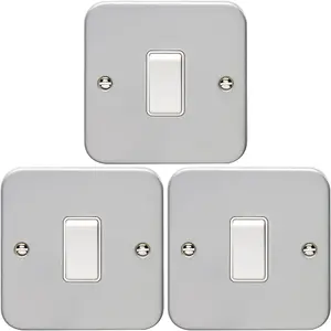 3 PACK 1 Gang Single Light Switch 2 Way 10A HEAVY DUTY METAL CLAD - White Rocker