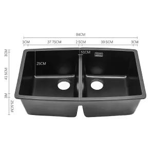 Quartz Equal Double Bowl Undermount Kitchen Sink Black 840x475mm