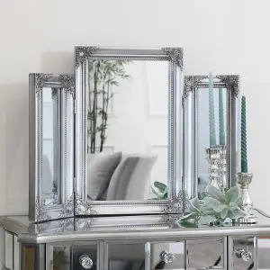 Melody Maison Ornate Vintage Silver Triple Dressing Table Mirror 55cm x 74cm