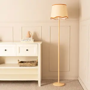 ValueLights Triston Natural Light Wood Stem Floor Lamp with Scallop Rust Trim Tapered Shade