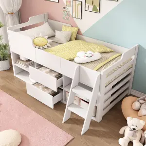 Cabin Bed Mid Sleeper Bed Frame Storage Kids Wooden bed Low Sleeper Bed Single Children's White Wooden Bed Frame Only 90 x 190 cm