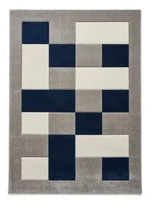 Grey Navy Rug, Chequered Bordered Rug, 10mm Thickness Geometric Rug, Modern Rug for Bedroom, & DiningRoom-60cm X 120cm