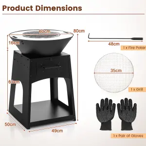 Costway 2 In 1 Fire Pit with BBQ Grill 60cm Metal Firewood Stove w/ Fire Poker