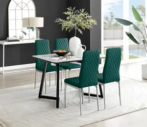 Furniturebox UK Carson White Marble Effect Dining Table & 4 Green Velvet Milan Chairs