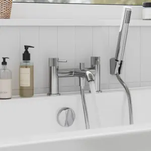 GoodHome Owens Gloss Chrome effect Deck-mounted Bath mixer tap with shower kit