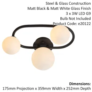 Semi Flush Multi Arm Bathroom Ceiling Light - Matt Black & White Glass - Oval