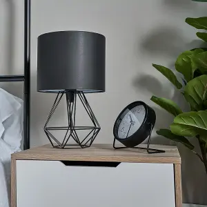 ValueLights Angus Modern Black Metal Basket Cage Bed Side Table Lamp with Black Fabric Shade with LED Golfball Bulb In Warm White