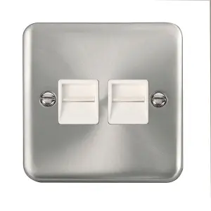 Our Curved Edge Satin / Brushed Chrome Secondary Telephone Twin Socket - White Trim - SE Home