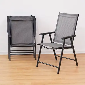 Set of 2 Black Reclining High Back Metallic Frame and Fabric Garden Folding Chairs with Armrests