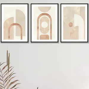 Set of 3 Mid Century Beige and Terracotta Arches Wall Art Prints / 42x59cm (A2) / Black Frame