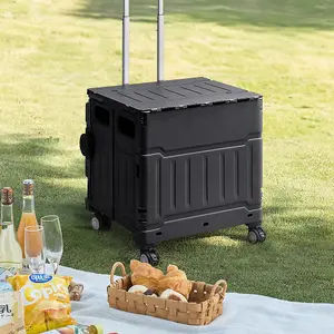 Black Collapsible Rolling Protable Crate with Magnetic Lid and Adjustable Handle 45cm H