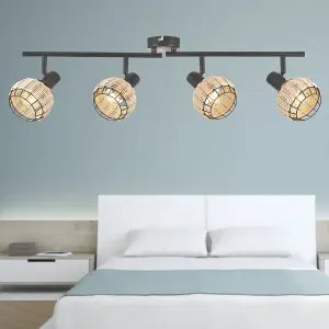 First Choice Lighting Set of 2 Goa Black and Natural Rattan 4 Light Ceiling Spotlight Bars