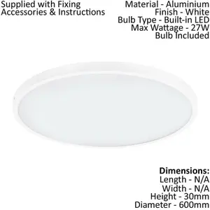 2 PACK Wall / Ceiling Light White 600mm Round Surface Mounted 27W LED 3000K