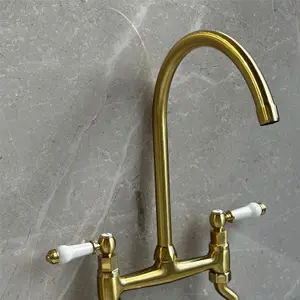 Liquida W23BR Traditional Two Hole Bridge Lever Brushed Brass Kitchen Mixer Tap