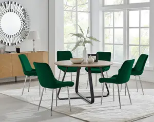 Furniturebox UK Santorini Brown Round Round Dining Table And 6 Green Pesaro Silver Leg Chairs