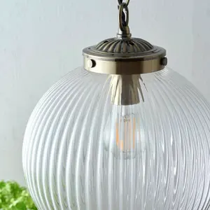 Bateson 1 - Light Globe Pendant Antique Brass/Clear Ribbed Glass / 100cm H x 25cm W x 25cm D