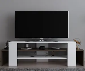 Decorotika Lenora TV Stand TV Cabinet Multimedia Unit with Open Shelves - White and Walnut Pattern