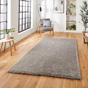 Grey Plain Modern Shaggy Easy To Clean Rug For Dining Room-160cm X 220cm