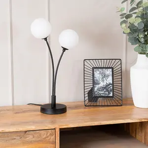 ValueLights Velika Black 2 Way Double Bedside Table Lamp with White Frosted Glass Globe Shades