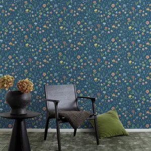 Grandeco Naive Garden Ditsy Flowers Textured Wallpaper, Blue