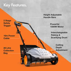 VonHaus Lawn Scarifier, Aerator & Grass Rake Electric 1500W, Dethatch/Rake Grass, Aerates Soil, 30L Box, 10m Cable, 4 Heights