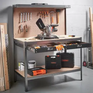 VonHaus Garage Work Bench with Pegboard - Suitable for Most Garage Equipment - Storage Drawer, Shelf and 20 Hooks - 230kg Capacity