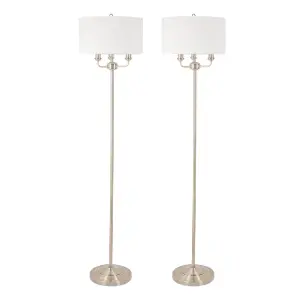 First Choice Lighting Pair of 3 Light Antique Brass Floor Standard Light with Light Cream Fabric Shade