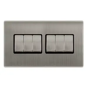 Stainless Steel Screwless Plate 10A 6 Gang 2 Way Ingot Light Switch - Black Trim - SE Home