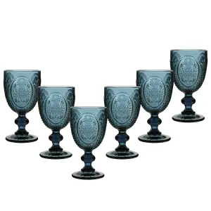 Set of 6 Vintage Luxury Blue Embossed Drinking Wine Glass Wine Goblets 310ml