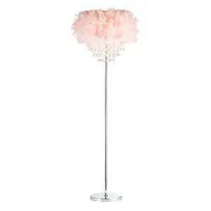 Modern Chandelier Style Pink Feather Floor Lamp with Waterfall Acrylic Droplets