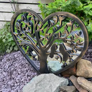 Tree of Life Copper Effect Outdoor Garden Wall Mirror - Bronze Distressed Decor with Robin Love Birds Makes a Great Memorial