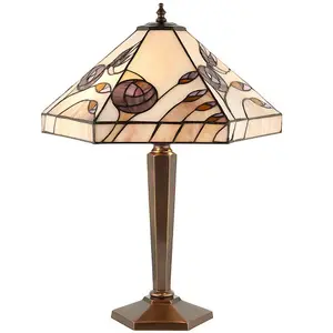 Tiffany Glass Table Lamp Light Antique Patina Bronze & Rose Hex Shade i00183