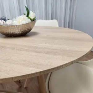 Round Oak Effect Kitchen Dining Table With 4 Cream Tulip Chairs Table Set