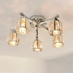 Luminosa Ria Bathroom Multi Arm Glass Semi Flush Ceiling Lamp, Chrome Plate, Crystal Glass, IP44