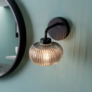 ValueLights Amaia Matt Black Wall Light Smoked Ribbed Shade IP44 Bathroom - Bulb Included