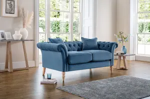 Furniturebox Olivia Blue 2-Seater Modern Chesterfield Sofa Hand Made In Anti-Crease Velvet