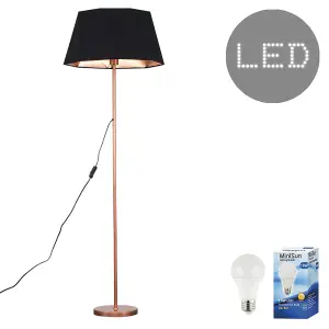 ValueLights Modern Standard Floor Lamp In Copper Metal Finish With Black/Copper Geometric Shade - With LED GLS Bulb in Warm White