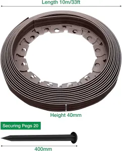 Flexible Brown  Garden Edging Border 10m Complete with 20 Securing Pegs Perfect Flower Beds Lawns and Pavement Design 40mm High