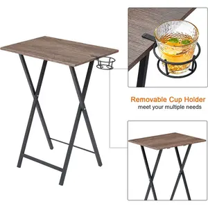 Folding Side Table with Cup Holder, Industrial Side Table for Living Room, Bedroom (Set of 2) Coffee/Black