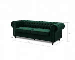 Chesterfield Velvet Pleat Fabric 3 Seater Sofa, Green