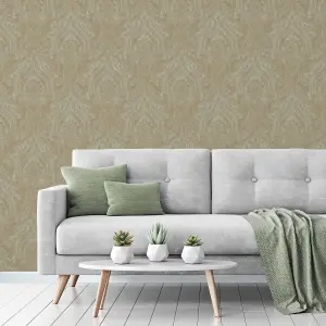 Grandeco Textured Distressed Metallic Damask Wallpaper, Sage