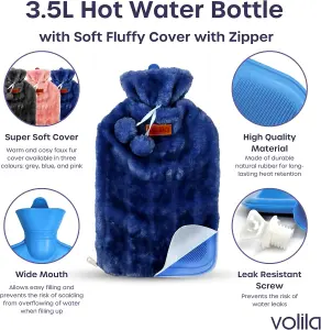 3.5L XXL Hot Water Bottle with Zipper & Hand Pocket Blue Faux Fur, Soft Washable Bag for Pain Relief, Warm Compress & Cozy Comfort