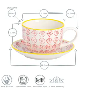 Nicola Spring - Hand-Printed Cappuccino Cup & Saucer Set - 250ml - 6 Colours - 12pc