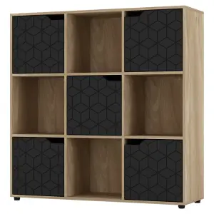 URBNLIVING 91cm Height 9 Cubes Oak Wooden Bookcase Display Shelf Storage Cabinet With Modern Geo Black Door