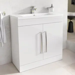 800mm Single Bathroom Vanity with Semi-Recessed Ceramic Basin Gloss white