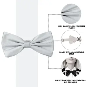 Silver Satin Polyester Bow Tie for Casual & Formal Wear, Wedding Party Accessory