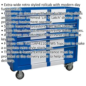 Retro Blue Portable Tool Chest with 6 Drawers - 1100 x 460 x 1040mm Mobile Storage Solution