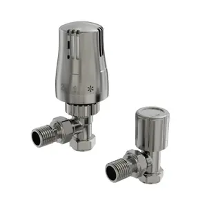 Right Radiators Satin Nickel Thermostatic Angled TRV & Lockshield Radiator Valves Set 1/2"x15mm